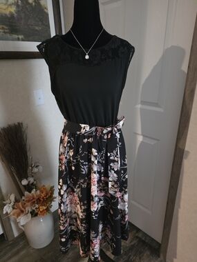 Women's Black Floral A-Line Dress with Lace Yoke